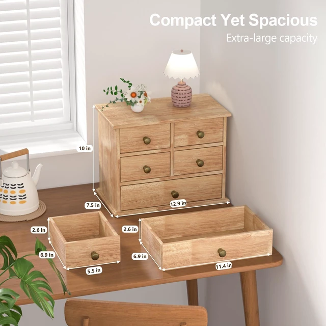 Alt view image 2 of 6 - Oak Desk Organizer with Drawers, Durable Wooden Desktop Storage Box 5 Drawer Tabletop Organizer with Metal Handle & Non-Slip Pad for Office, Bedroom, Bathroom, Vanity, Makeup, Light Burnt Brown