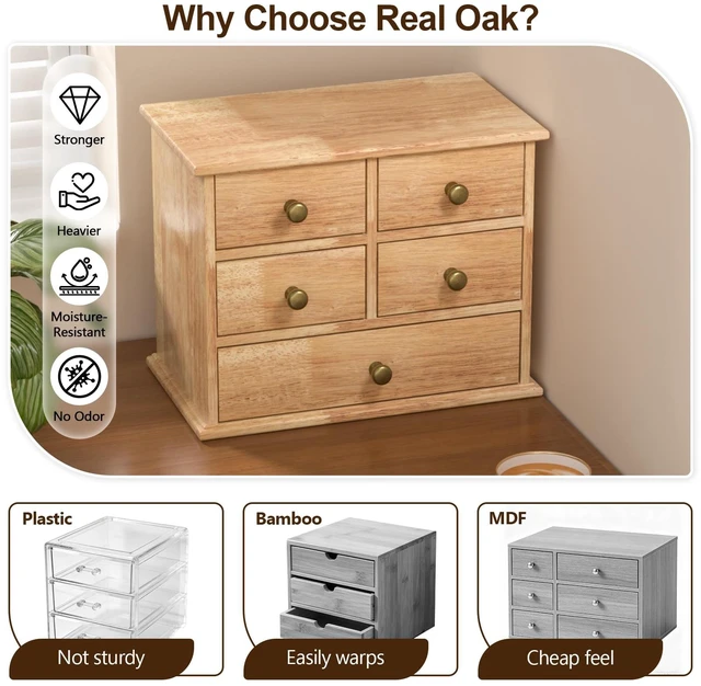 Alt view image 3 of 6 - Oak Desk Organizer with Drawers, Durable Wooden Desktop Storage Box 5 Drawer Tabletop Organizer with Metal Handle & Non-Slip Pad for Office, Bedroom, Bathroom, Vanity, Makeup, Light Burnt Brown