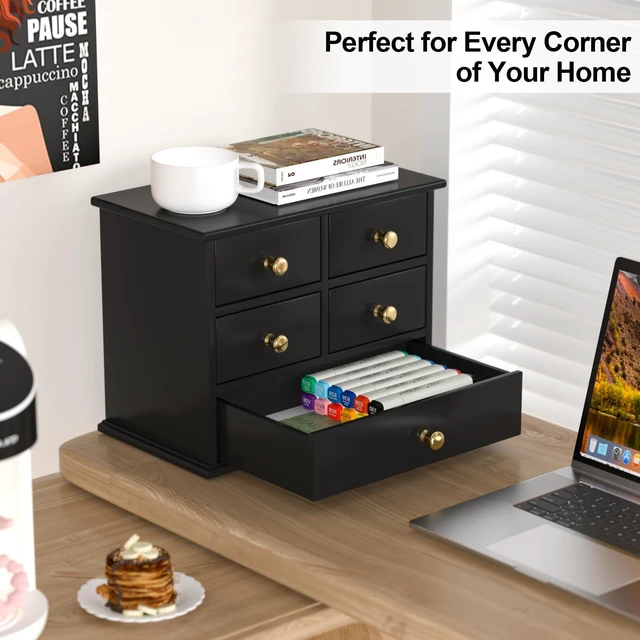 Alt view image 4 of 6 - Oak Desk Organizer with Drawers, Durable Wooden Desktop Storage Box 5 Drawer Tabletop Organizer with Metal Handles & Non-Slip Pads for Office, Bedroom, Bathroom, Vanity & Makeup Storage, Black