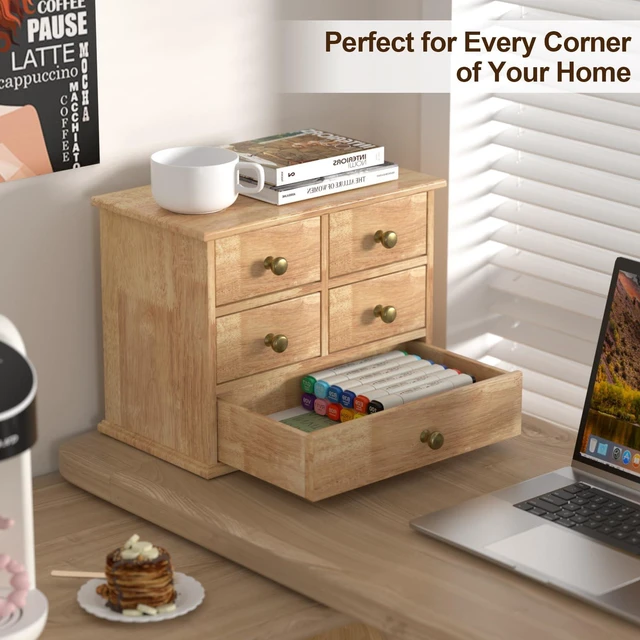 Alt view image 4 of 6 - Oak Desk Organizer with Drawers, Durable Wooden Desktop Storage Box 5 Drawer Tabletop Organizer with Metal Handle & Non-Slip Pad for Office, Bedroom, Bathroom, Vanity, Makeup, Light Burnt Brown