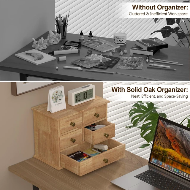 Alt view image 5 of 6 - Oak Desk Organizer with Drawers, Durable Wooden Desktop Storage Box 5 Drawer Tabletop Organizer with Metal Handle & Non-Slip Pad for Office, Bedroom, Bathroom, Vanity, Makeup, Light Burnt Brown