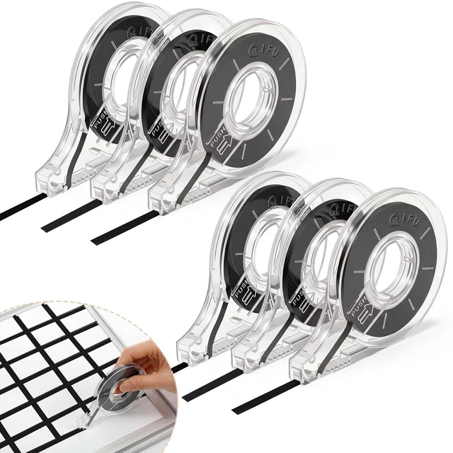 Main image of 6 Pack Whiteboard Tape with Dispenser, Width 1/5", Black Graphic Tape with Dispenser, Length 43 ft Thin, Pinstripe Line, Dry Erase White Board Accessories for Grid Bar Chart