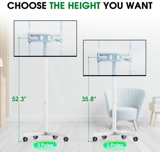 Alt view image 3 of 7 - Rolling TV Stand, Portable TV Cart with Locking Wheels for 22-60Inch, White Tilt/Height Adjustable Mobile TV Stand Up to 88lbs, Movable TV Stand for Bedroom, Living Room, Outdoor, Max VESA 400x400mm