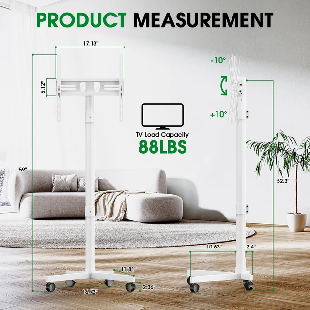 Alt view image 2 of 7 - Rolling TV Stand, Portable TV Cart with Locking Wheels for 22-60Inch, White Tilt/Height Adjustable Mobile TV Stand Up to 88lbs, Movable TV Stand for Bedroom, Living Room, Outdoor, Max VESA 400x400mm