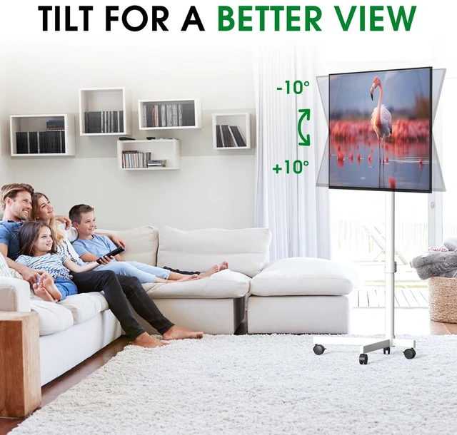 Alt view image 5 of 7 - Rolling TV Stand, Portable TV Cart with Locking Wheels for 22-60Inch, White Tilt/Height Adjustable Mobile TV Stand Up to 88lbs, Movable TV Stand for Bedroom, Living Room, Outdoor, Max VESA 400x400mm