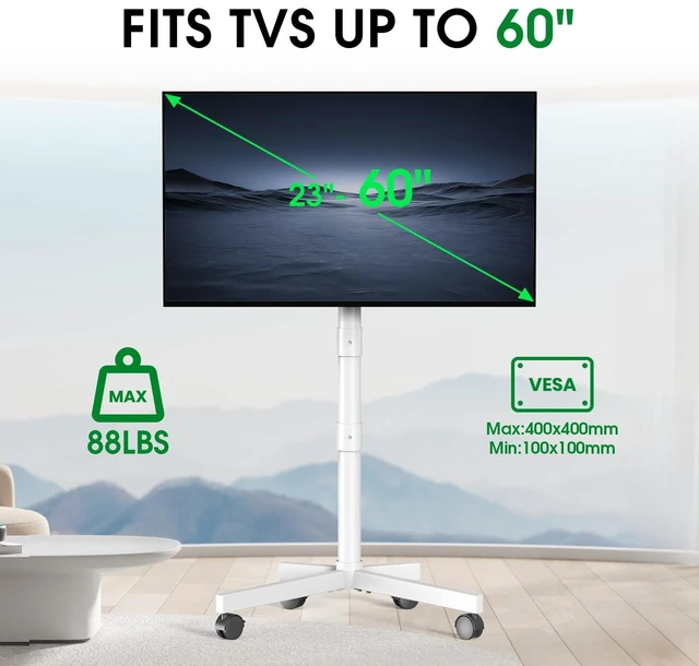 Alt view image 6 of 7 - Rolling TV Stand, Portable TV Cart with Locking Wheels for 22-60Inch, White Tilt/Height Adjustable Mobile TV Stand Up to 88lbs, Movable TV Stand for Bedroom, Living Room, Outdoor, Max VESA 400x400mm