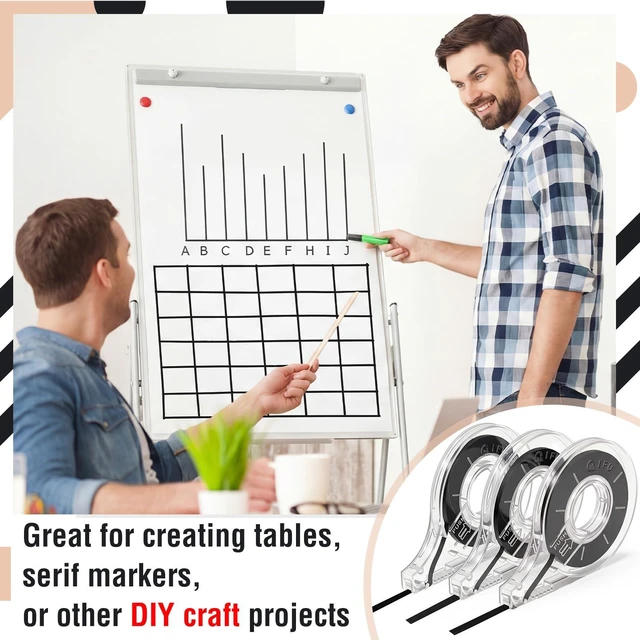 Alt view image 3 of 6 - 6 Pack Whiteboard Tape with Dispenser, Width 1/5", Black Graphic Tape with Dispenser, Length 43 ft Thin, Pinstripe Line, Dry Erase White Board Accessories for Grid Bar Chart