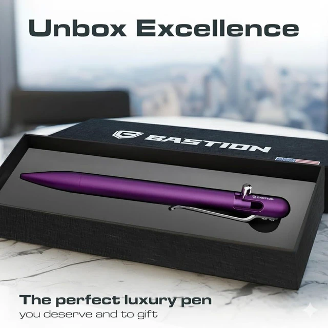Alt view image 5 of 6 - Slim Aluminum Bolt Action Pen, Womens Pen, Compact EDC, Purple 17% slimmer barrel, lightweight anodized metal, machined finish, single-hand deploy, smooth black ink, refillable, boxed