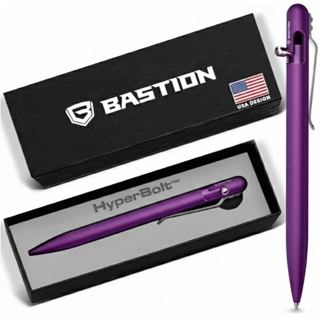 Main image of Slim Aluminum Bolt Action Pen, Womens Pen, Compact EDC, Purple 17% slimmer barrel, lightweight anodized metal, machined finish, single-hand deploy, smooth black ink, refillable, boxed