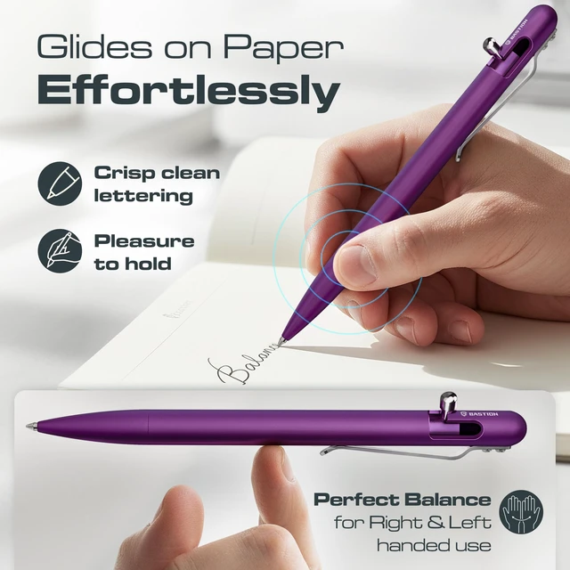 Alt view image 3 of 6 - Slim Aluminum Bolt Action Pen, Womens Pen, Compact EDC, Purple 17% slimmer barrel, lightweight anodized metal, machined finish, single-hand deploy, smooth black ink, refillable, boxed