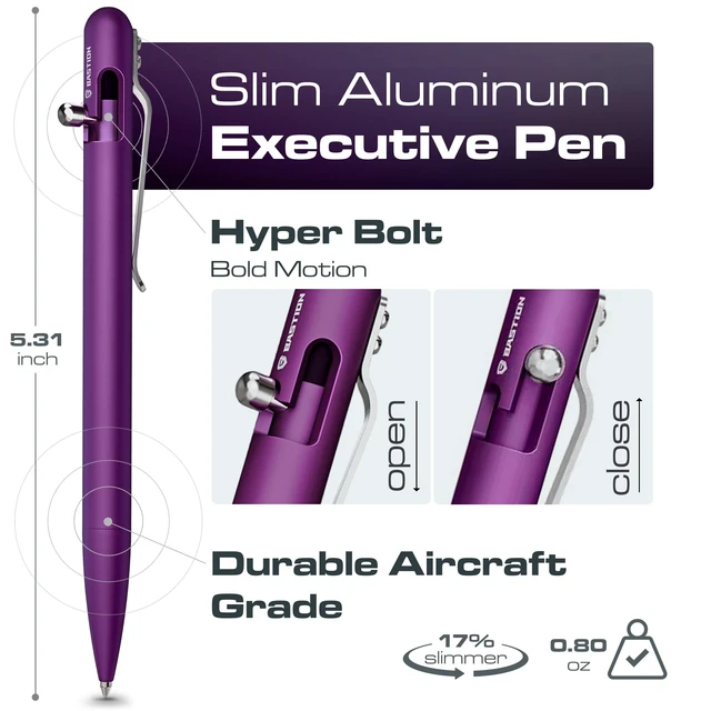 Alt view image 2 of 6 - Slim Aluminum Bolt Action Pen, Womens Pen, Compact EDC, Purple 17% slimmer barrel, lightweight anodized metal, machined finish, single-hand deploy, smooth black ink, refillable, boxed