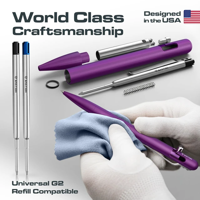 Alt view image 4 of 6 - Slim Aluminum Bolt Action Pen, Womens Pen, Compact EDC, Purple 17% slimmer barrel, lightweight anodized metal, machined finish, single-hand deploy, smooth black ink, refillable, boxed