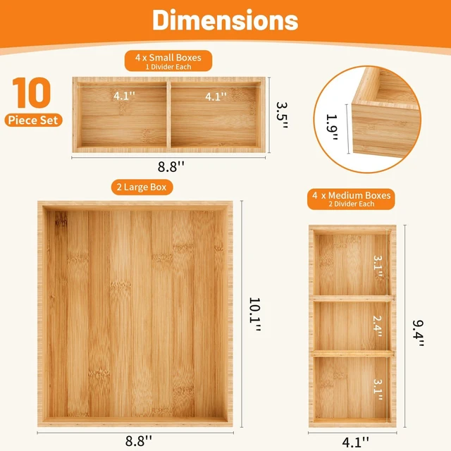 Alt view image 2 of 7 - Bamboo Drawer Organizer, 10-Piece Stackable Trays with Removable Dividers Junk drawer organizer, assorted tray sizes, 10-22 customizable compartments, nestable, kitchen utensils, bathroom, office