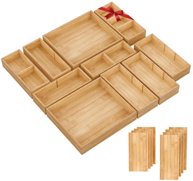 Main image of Bamboo Drawer Organizer, 10-Piece Stackable Trays with Removable Dividers Junk drawer organizer, assorted tray sizes, 10-22 customizable compartments, nestable, kitchen utensils, bathroom, office