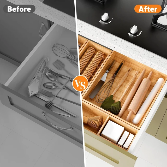 Alt view image 5 of 7 - Bamboo Drawer Organizer, 10-Piece Stackable Trays with Removable Dividers Junk drawer organizer, assorted tray sizes, 10-22 customizable compartments, nestable, kitchen utensils, bathroom, office