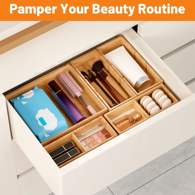 Alt view image 6 of 7 - Bamboo Drawer Organizer, 10-Piece Stackable Trays with Removable Dividers Junk drawer organizer, assorted tray sizes, 10-22 customizable compartments, nestable, kitchen utensils, bathroom, office