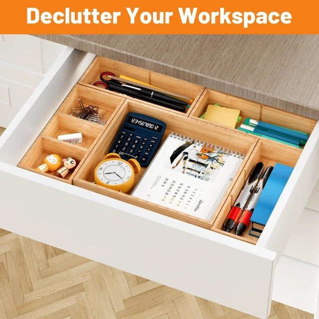 Alt view image 7 of 7 - Bamboo Drawer Organizer, 10-Piece Stackable Trays with Removable Dividers Junk drawer organizer, assorted tray sizes, 10-22 customizable compartments, nestable, kitchen utensils, bathroom, office