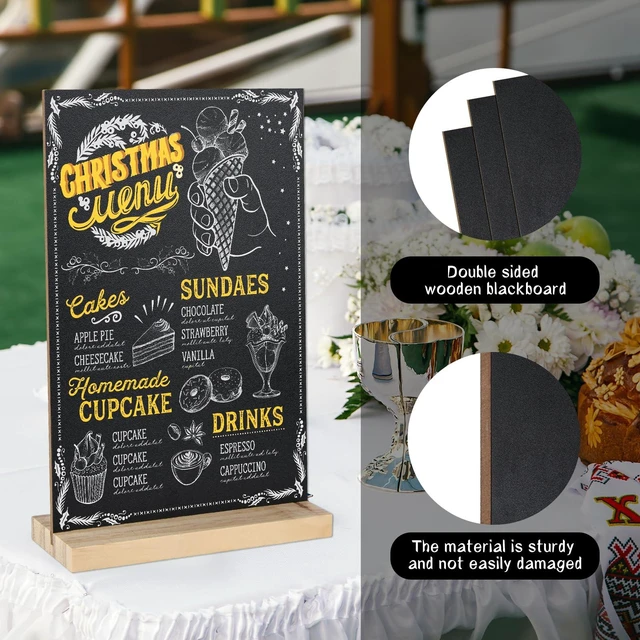 Alt view image 5 of 7 - 3 Packs 8 x 12 Inch Tabletop Chalkboard Sign With Wood Base - Double-Sided Message Boards Menu Stand for Kitchen, Wedding, Bar and Restaurant