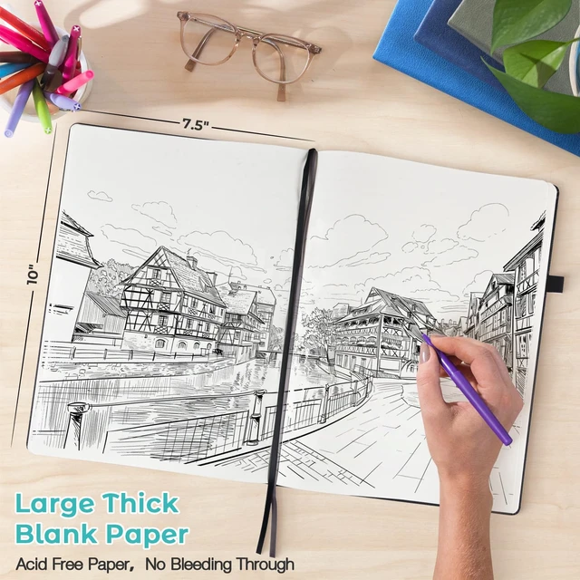 Alt view image 2 of 6 - Blank Notebook Hardcover Sketchbook, 8.5" x 11" Blank Journal, Thick Paper Large Thick Paper Sketchbook for Drawing Art, Unlined Notebook Journal for Women Men, A4 Leather Sketchbook, Lay Flat, Teal