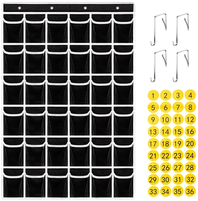 Main image of 36 Clear Pockets Classroom Pocket Chart for Cell Phones,Pocket Chart Organizer for Calculator Holder with 36 Number Sticker Classroom Hanging Cell Phones Organizer (Black)
