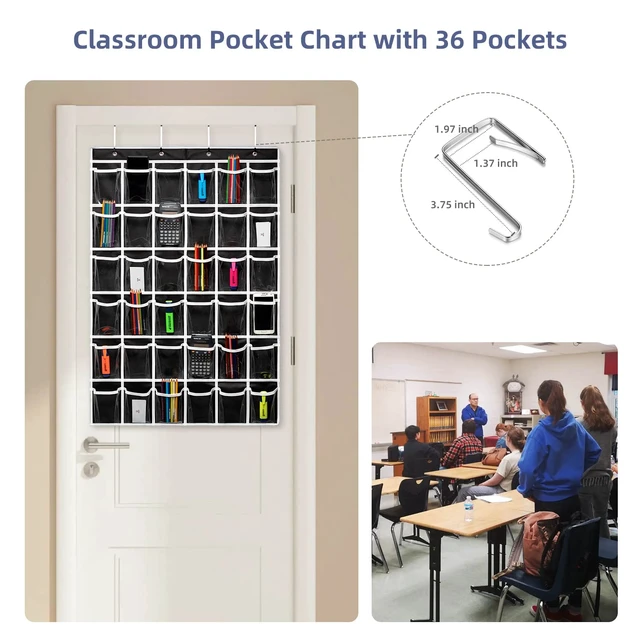 Alt view image 6 of 7 - 36 Clear Pockets Classroom Pocket Chart for Cell Phones,Pocket Chart Organizer for Calculator Holder with 36 Number Sticker Classroom Hanging Cell Phones Organizer (Black)