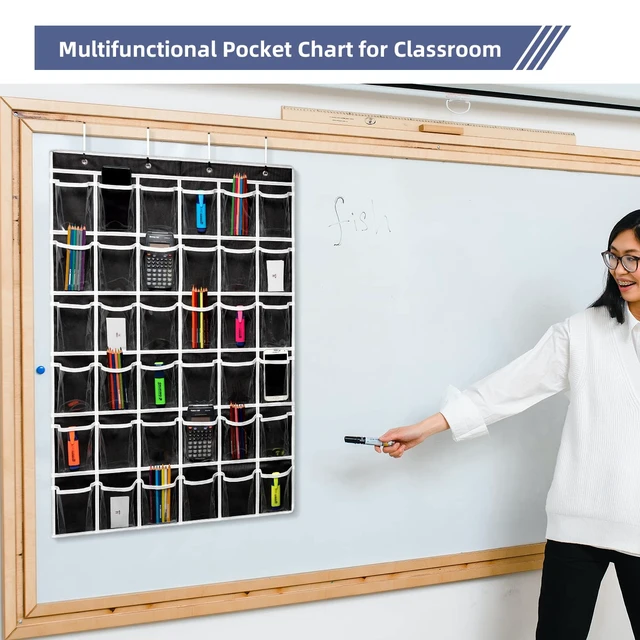 Alt view image 4 of 7 - 36 Clear Pockets Classroom Pocket Chart for Cell Phones,Pocket Chart Organizer for Calculator Holder with 36 Number Sticker Classroom Hanging Cell Phones Organizer (Black)