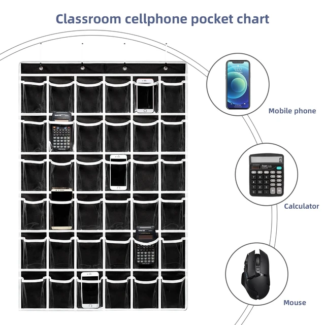 Alt view image 7 of 7 - 36 Clear Pockets Classroom Pocket Chart for Cell Phones,Pocket Chart Organizer for Calculator Holder with 36 Number Sticker Classroom Hanging Cell Phones Organizer (Black)