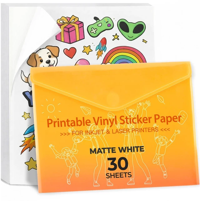 Main image of Printable Vinyl Sticker Paper, Matte White, 8.5"x11" 30 Sheets, Water-resistant, Easy Release & No Residue, For Most Laser & Inkjet Printer, Standard Size
