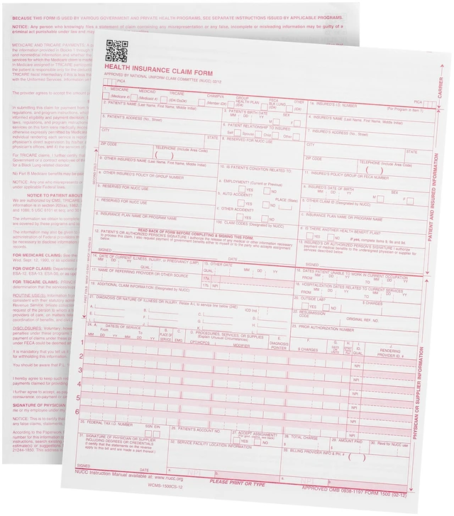 Main image of 500 CMS 1500 Claim Forms, HIPAA Compliant, Laser Current 02/2012 Version, Red Ink, 20 lb, Laser and Inkjet, HCFA 1500 Health Insurance Claim Form, Billing Ready