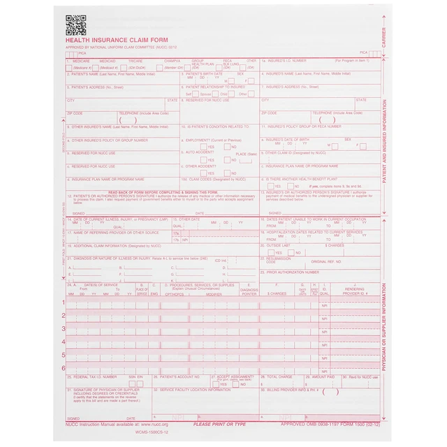 Alt view image 2 of 5 - 500 CMS 1500 Claim Forms, HIPAA Compliant, Laser Current 02/2012 Version, Red Ink, 20 lb, Laser and Inkjet, HCFA 1500 Health Insurance Claim Form, Billing Ready