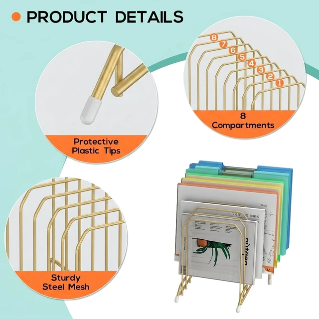 Alt view image 3 of 6 - Incline Sorter Desk File Organizer, Metal Desk Magazine Folder Holder with 8-Section Vertical Compartments Rack File Organizer for Office, Home, School