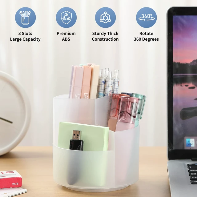 Alt view image 2 of 7 - Desk Pencil Pen Holder, 3 Slots 360-Degree Spinning Organizers, Desktop Storage Stationery Supplies, Cute Cup Pot for Office, School, Art Supply, Kids - Clear