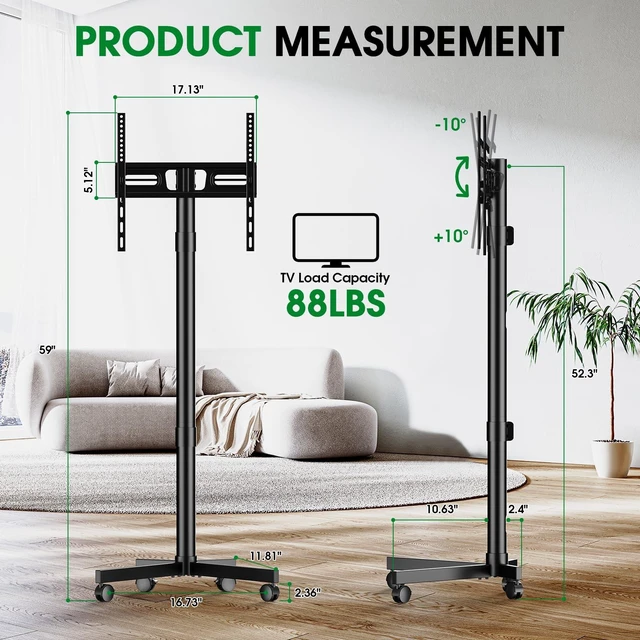 Alt view image 2 of 7 - Rolling TV Stand, Portable TV Cart with Locking Wheels for 22-60Inch, Black Tilt/Height Adjustable Mobile TV Stand Up to 88lbs, Movable TV Stand for Bedroom, Living Room, Outdoor, Max VESA 400x400mm