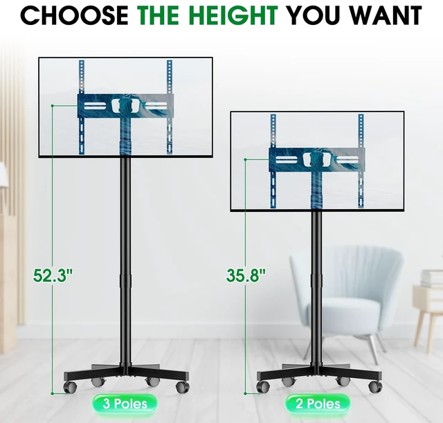 Alt view image 3 of 7 - Rolling TV Stand, Portable TV Cart with Locking Wheels for 22-60Inch, Black Tilt/Height Adjustable Mobile TV Stand Up to 88lbs, Movable TV Stand for Bedroom, Living Room, Outdoor, Max VESA 400x400mm