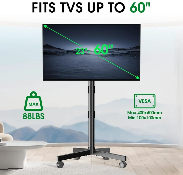 Alt view image 6 of 7 - Rolling TV Stand, Portable TV Cart with Locking Wheels for 22-60Inch, Black Tilt/Height Adjustable Mobile TV Stand Up to 88lbs, Movable TV Stand for Bedroom, Living Room, Outdoor, Max VESA 400x400mm