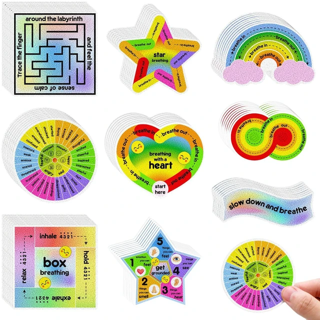 Main image of 72 Pcs Anxiety Sensory Breathing Stickers,Cute Color Adults Fidget Mindfulness 9 Styles Calm down Items mental health stickers Anxiety Relief Breathing Exercises
