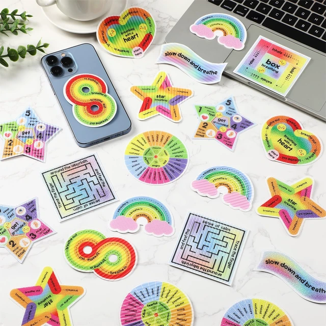 Alt view image 5 of 6 - 72 Pcs Anxiety Sensory Breathing Stickers,Cute Color Adults Fidget Mindfulness 9 Styles Calm down Items mental health stickers Anxiety Relief Breathing Exercises