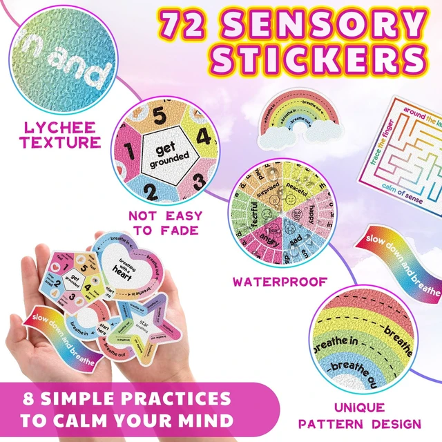 Alt view image 3 of 5 - 72 Pcs Anxiety Sensory Breathing Stickers,Classic Color Adults Fidget Mindfulness 9 Styles Calm down Items mental health stickers Anxiety Relief Breathing Exercises