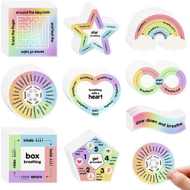 Main image of 72 Pcs Anxiety Sensory Breathing Stickers,Rainbow Color Adults Fidget Mindfulness 9 Styles Calm down Items mental health stickers Anxiety Relief Breathing Exercises