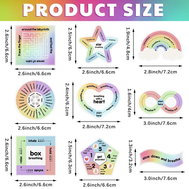 Alt view image 2 of 6 - 72 Pcs Anxiety Sensory Breathing Stickers,Rainbow Color Adults Fidget Mindfulness 9 Styles Calm down Items mental health stickers Anxiety Relief Breathing Exercises