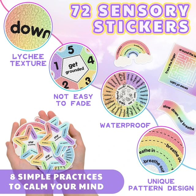 Alt view image 3 of 6 - 72 Pcs Anxiety Sensory Breathing Stickers,Rainbow Color Adults Fidget Mindfulness 9 Styles Calm down Items mental health stickers Anxiety Relief Breathing Exercises