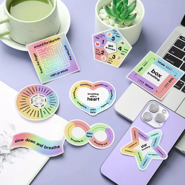 Alt view image 5 of 6 - 72 Pcs Anxiety Sensory Breathing Stickers,Rainbow Color Adults Fidget Mindfulness 9 Styles Calm down Items mental health stickers Anxiety Relief Breathing Exercises