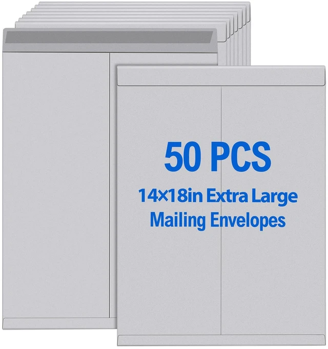 Main image of 50 Pcs 14'' x 18'' Large Mailing Envelopes 32lb with Gummed Flaps Gray Heavyweight Kraft Paper, Catalog Jumbo Size for Documents, Office Storage and Organizing Supplies, Self-seal Flap
