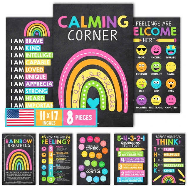 Main image of 8 Calming Corner Classroom Must Haves, Coping & Feelings Poster for Kids Calm Corner Posters with Emotions Chart, School Counselor Mental Health Posters, Feelings Wheel Calming Classroom Decor