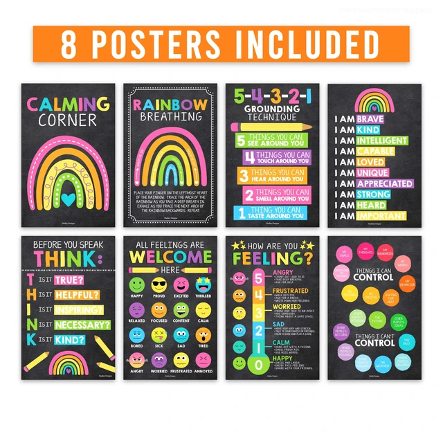 Alt view image 3 of 7 - 8 Calming Corner Classroom Must Haves, Coping & Feelings Poster for Kids Calm Corner Posters with Emotions Chart, School Counselor Mental Health Posters, Feelings Wheel Calming Classroom Decor