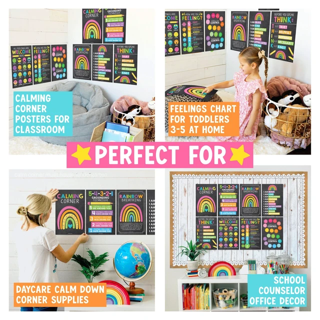 Alt view image 4 of 7 - 8 Calming Corner Classroom Must Haves, Coping & Feelings Poster for Kids Calm Corner Posters with Emotions Chart, School Counselor Mental Health Posters, Feelings Wheel Calming Classroom Decor