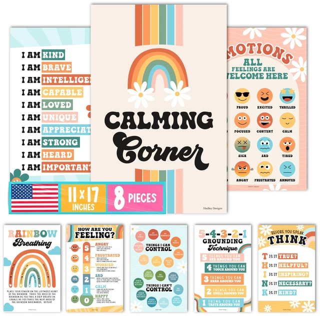 Main image of 8 Calming Corner Classroom Must Haves, Coping & Feelings Poster for Kids Calm Corner Posters with Emotions Chart, School Counselor Mental Health Posters, Feelings Wheel Calming Classroom Decor