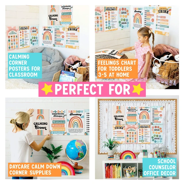 Alt view image 4 of 7 - 8 Calming Corner Classroom Must Haves, Coping & Feelings Poster for Kids Calm Corner Posters with Emotions Chart, School Counselor Mental Health Posters, Feelings Wheel Calming Classroom Decor