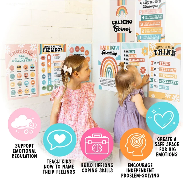 Alt view image 5 of 7 - 8 Calming Corner Classroom Must Haves, Coping & Feelings Poster for Kids Calm Corner Posters with Emotions Chart, School Counselor Mental Health Posters, Feelings Wheel Calming Classroom Decor