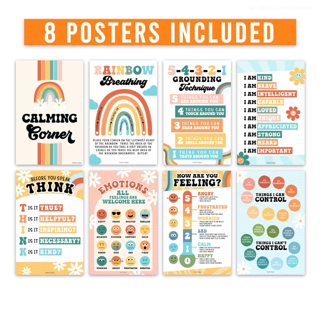 Alt view image 3 of 7 - 8 Calming Corner Classroom Must Haves, Coping & Feelings Poster for Kids Calm Corner Posters with Emotions Chart, School Counselor Mental Health Posters, Feelings Wheel Calming Classroom Decor
